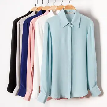 Качественная женская рубашка из 100% натурального шелка, однотонный однотонный воротник, офисная рубашка, блузка L, XL, 2XL YS001 Изображение
