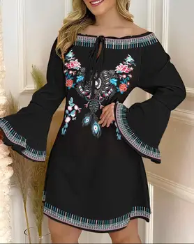 Женское высококачественное платье с цветочным принтом в племенном стиле, с вырезом лодочкой и открытыми плечами, платье с расклешенными рукавами, Модная Свободная повседневная мини-юбка Изображение