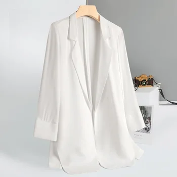 Высококачественный пиджак Женский летний 2023 повседневный свободный с драпировкой, защищающий от солнца уличный маленький однотонный пиджак с длинным рукавом, женский костюм Изображение