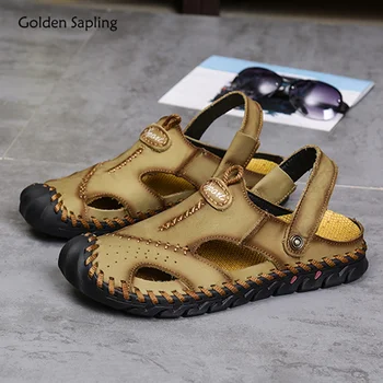 Пляжная обувь Golden Sapling для мужчин, модные сандалии, дышащая кожаная летняя обувь на плоской подошве, Классические мужские сандалии для отдыха, Ретро Мужская обувь Изображение