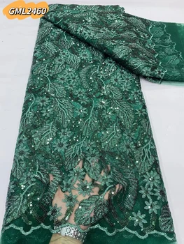 5 ярдов Вышивки блестками, французский тюль, Кружевная ткань, Нигерийская сетка, швейный материал для свадебного платья зеленого цвета Изображение