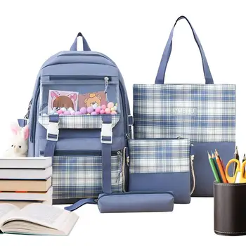 Набор рюкзаков для путешествий, Эстетичный рюкзак, 4 шт., набор школьных сумок с подвеской в виде кролика, вмещающий книги, ручки, Закуски, игрушки, Бутылки с водой Изображение