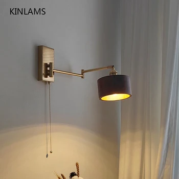 Светодиодный японский настенный светильник из черного ореха с длинным шестом настенный светильник для спальни Nordic Hotel Switch Вращающийся декоративный настенный светильник Изображение