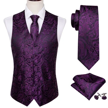 4 шт., мужской шелковый жилет для вечеринки, фиолетовый однотонный жилет с цветочным рисунком, квадратный галстук, тонкий костюм, комплект Barry.Wan BM20 Изображение