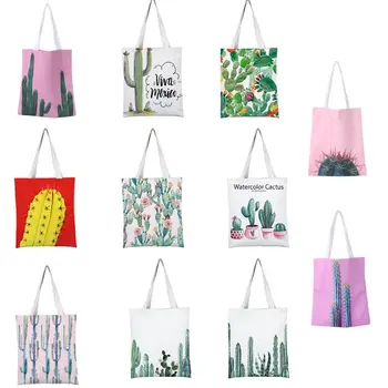 Холщовая сумка-тоут с принтом кактуса, женские дорожные сумки на плечо для девочек Изображение