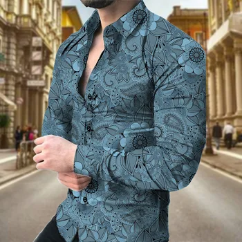 Мужская рубашка с длинными рукавами и рисунком из 3D-бумаги в стиле ретро с цветочным рисунком Изображение