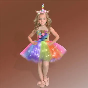 Радужное платье с единорогом для девочек, наряды-пачки с цветами на день рождения, Детский рождественский костюм единорога на Хэллоуин с повязкой на голову Изображение