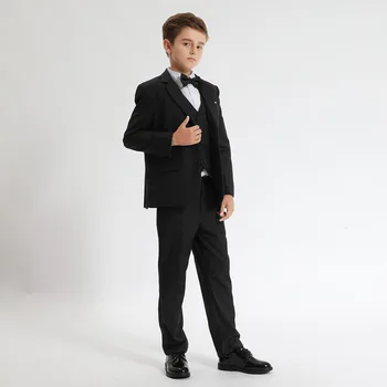 Классический костюм для детей, Черный костюм для мальчиков, Модный Свадебный смокинг с вырезами на лацканах из 3 предметов, Школьная Детская одежда для мальчиков (Блейзер + жилет + Брюки) Изображение