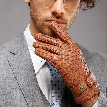 Мужские зимние теплые перчатки из натуральной кожи Черного, коричневого цвета с сенсорным экраном из натуральной овчины Изображение