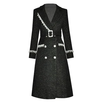 Модное осенне-зимнее пальто с длинным рукавом, расшитое бисером и кристаллами, Двубортная ветровка, пальто Изображение