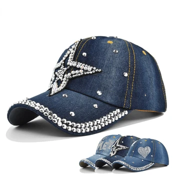 Модная джинсовая бейсболка, стразы, блестящая шляпа для папы, Уличная солнцезащитная кепка, спортивная кепка для дальнобойщика, бейсболка Snapback Изображение
