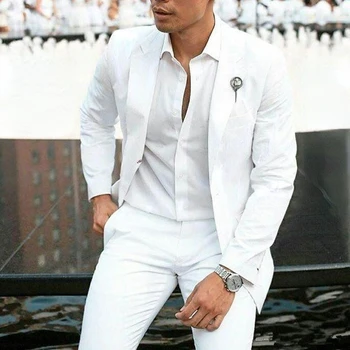 Модные Летние Белые Смокинги для Жениха, Свадебные Костюмы для свадьбы, Мужские Блейзеры из 2 предметов, приталенный костюм Homme (куртка + брюки) Изображение