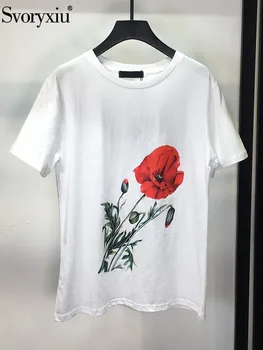 Svoryxiu Высококачественная дизайнерская модная летняя винтажная футболка с цветочным принтом, топы, женская прямая повседневная футболка с коротким рукавом Изображение