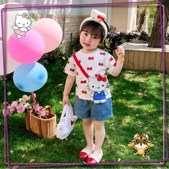 Футболка Sanrio Hello Kitty с короткими рукавами Cinnamoroll Melody Kuromi Kawaii Fasion, повседневная одежда с объемным рисунком для девочек Изображение