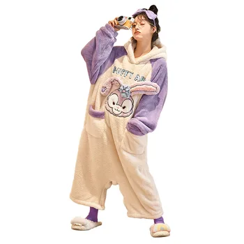 Женская пижама из кораллового флиса, зимняя пижама с милым кроликом, утепленная фланелевая домашняя одежда с героями мультфильмов, женская пижама, комбинезон Изображение