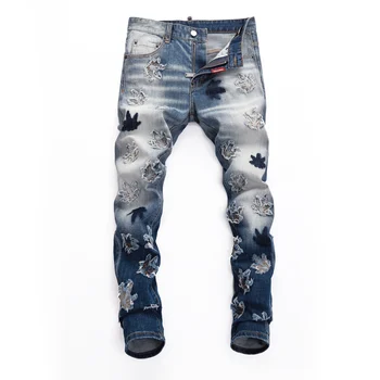 Новое Поступление FashionD2, Мужские джинсы, Синие Эластичные Джинсы с нашивками в виде листьев, Узкие Джинсы, Мужские Весенние Персонализированные Мужские джинсовые брюки 8423 Изображение