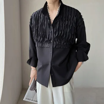 Черная Белая Рубашка с Длинными рукавами, Мужская Модная Мужская Рубашка, Корейские Свободные Повседневные Рубашки, Мужская Плиссированная Рубашка M-2XL Изображение