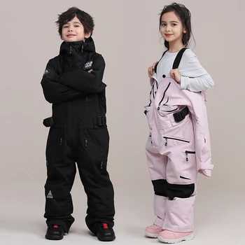 Спортивный Детский Цельный Зимний костюм для мальчиков, Ветрозащитный Водонепроницаемый Теплый комбинезон для девочек, Детский комбинезон для горных лыж, Комбинезон для сноуборда с капюшоном Изображение
