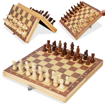 Набор деревянных шахмат, Складная Большая доска с 34 шахматными фигурами Внутри Для хранения, Портативный дорожный набор настольных игр для детей Изображение