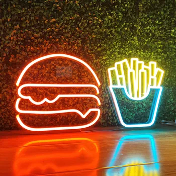 Неоновые вывески для картофеля фри и Гамбургеров Для декора стен Индивидуальная неоновая вывеска со светодиодной подсветкой Для домашнего бара, украшения пивной витрины Магазина Изображение