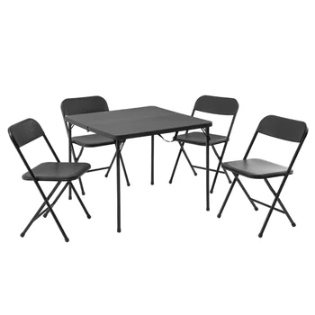 Стол для игры в карты из смолы и набор из четырех стульев из 5 предметов, черный Изображение