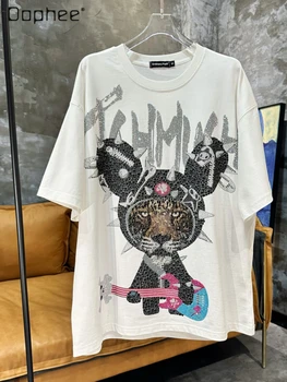 Роскошная футболка с забавным гитарным тигром со стразами, мужская и женская модная крутая футболка из чистого хлопка с коротким рукавом и бриллиантами Изображение