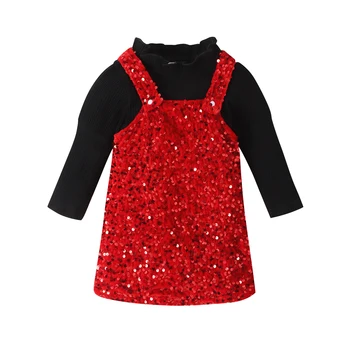 Рождественский наряд для маленьких девочек, топы в рубчик с длинными рукавами и блестками, платье на подтяжках для малышей, осенняя одежда из 2 предметов Изображение