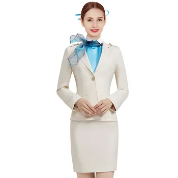 Горячая распродажа, Униформа стюардессы Южнокорейской женской авиакомпании, юбка, короткая рубашка с длинными рукавами, рабочая одежда синего цвета Изображение