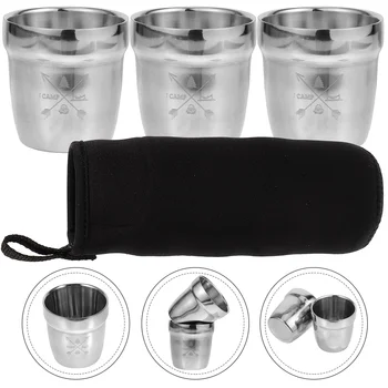 1 Комплект чашек из нержавеющей стали, Металлическая чашка для воды, Походная чашка, двухслойная чашка с рукавом для хранения Изображение