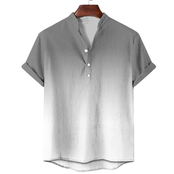 Модная мужская рубашка со стоячим воротником, Летний двухцветный топ с короткими рукавами, Удобная повседневная мужская футболка, одежда оверсайз Изображение