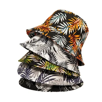 2021 Мода Принт Листьев Хип-Хоп Панама Мужская Женская Хлопковая Плоская Солнцезащитная Шляпа Реверсивная Солнцезащитная Шляпа Рыбака Женская Изображение