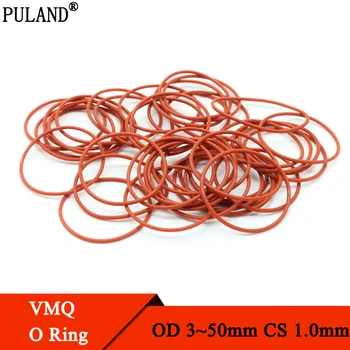 50 шт. Уплотнительная прокладка VMQ O Ring Толщина CS 1 мм OD 3-50 мм, водонепроницаемая шайба с изоляцией из силиконовой резины, круглая форма, нетоксичный красный Изображение
