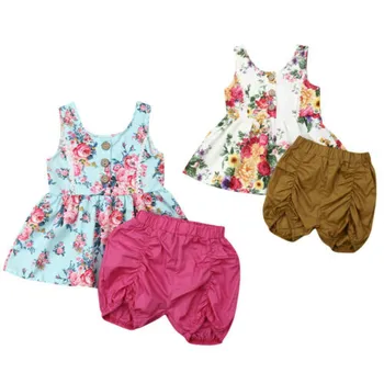Одежда для маленьких девочек, летняя одежда из 2 предметов для маленьких девочек, топы с оборками и цветочным рисунком, платье + шорты, комплект одежды Изображение