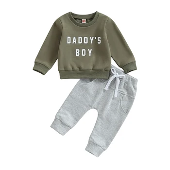 Осенняя одежда для маленьких мальчиков, толстовка с длинными рукавами и буквенным рисунком, Комплект брюк, Теплая одежда для младенцев Изображение